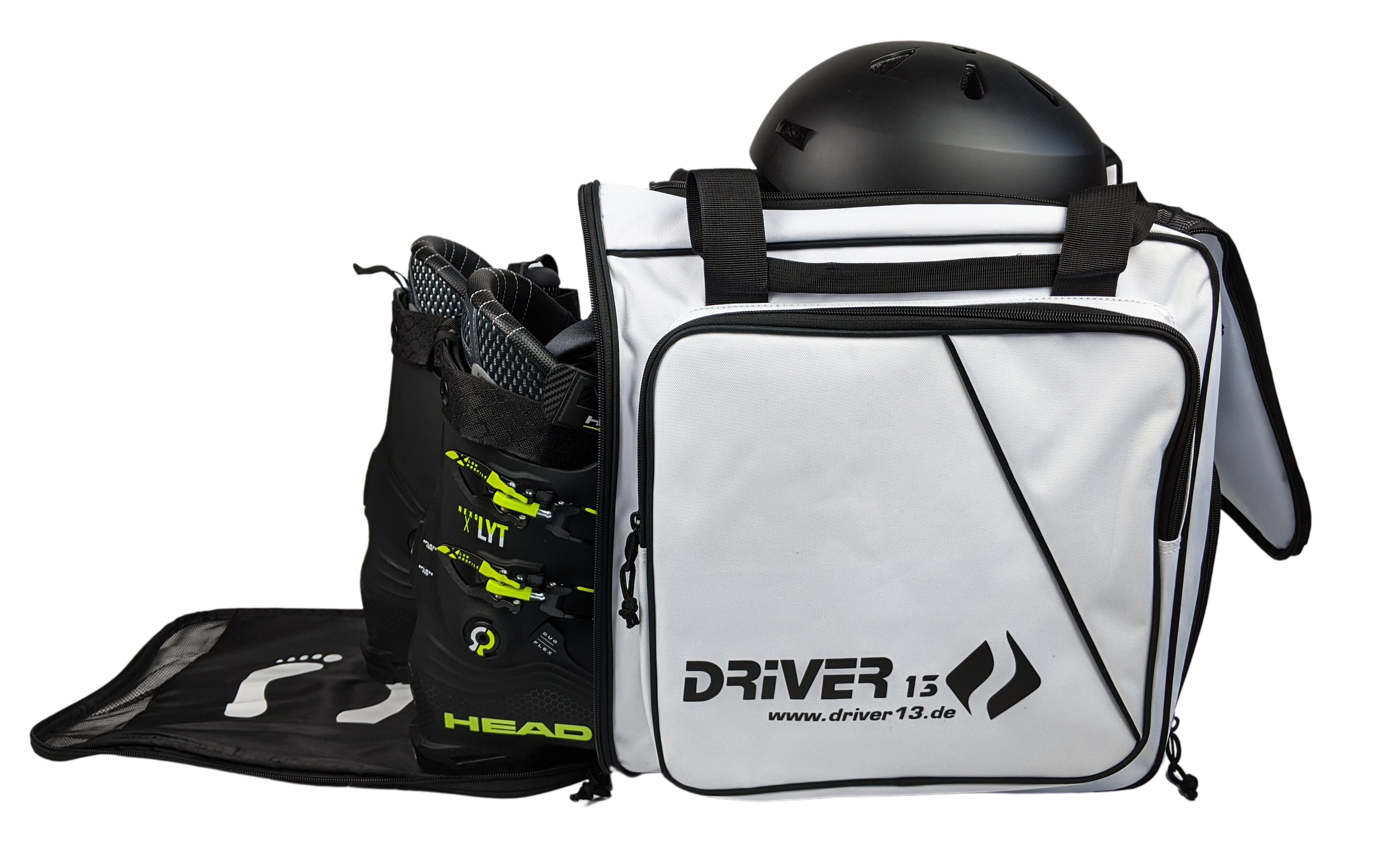 Ski boot backpack with helmet compartment white