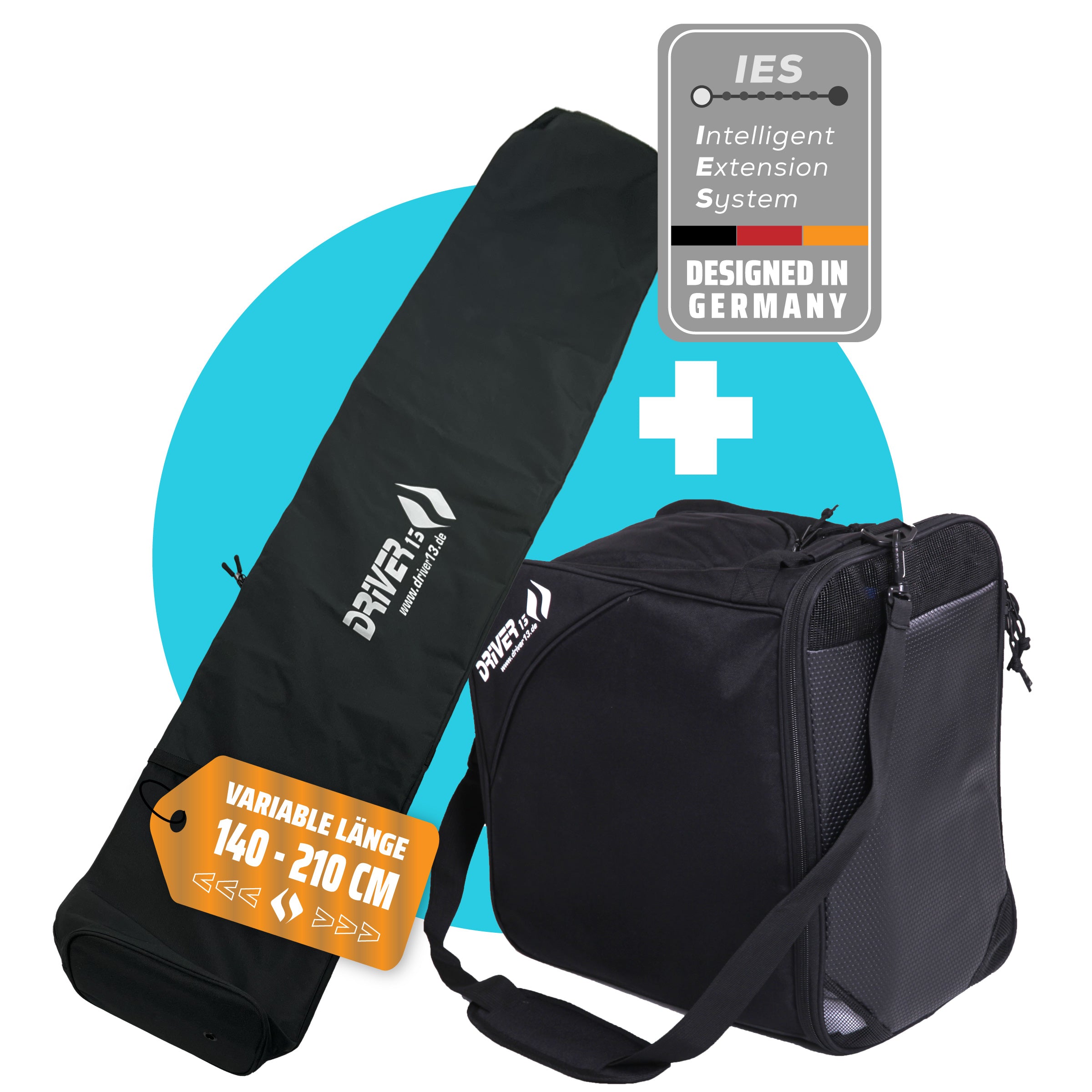 Ski bag set (2-piece) ski bag (140-210cm) and ski boot bag with helmet compartment black