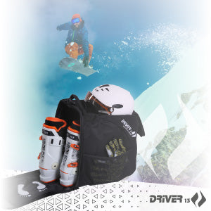 Driver13 ski boot backpack in the parking lot