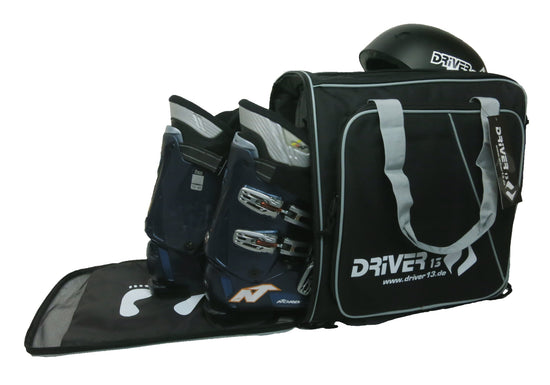 Ski boot backpack with helmet compartment black-grey