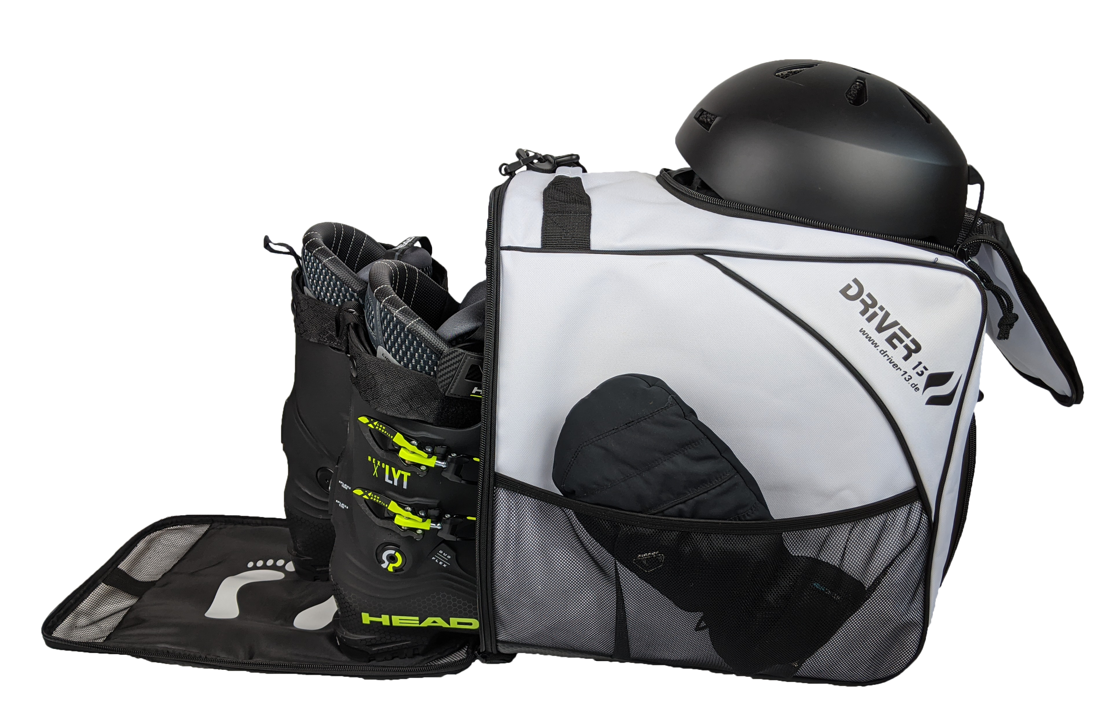 Ski boot bag with helmet compartment white