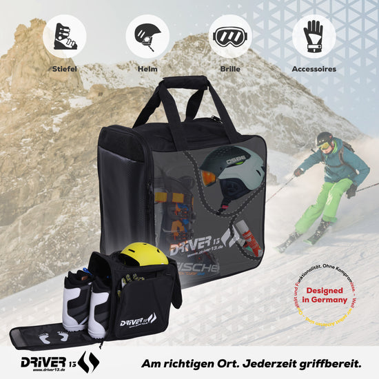 Ski boot backpack with helmet compartment black