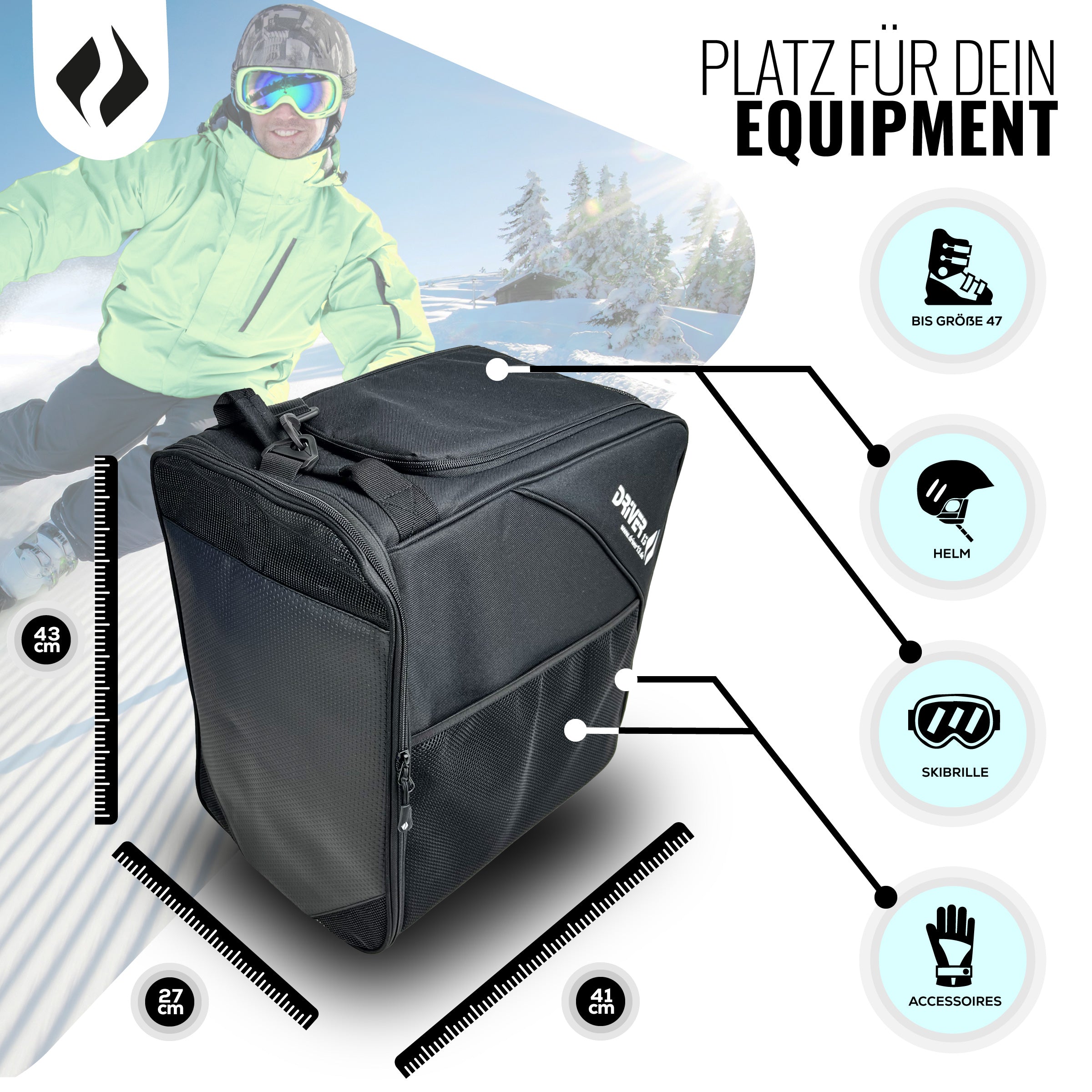 Ski boot bag with helmet compartment black