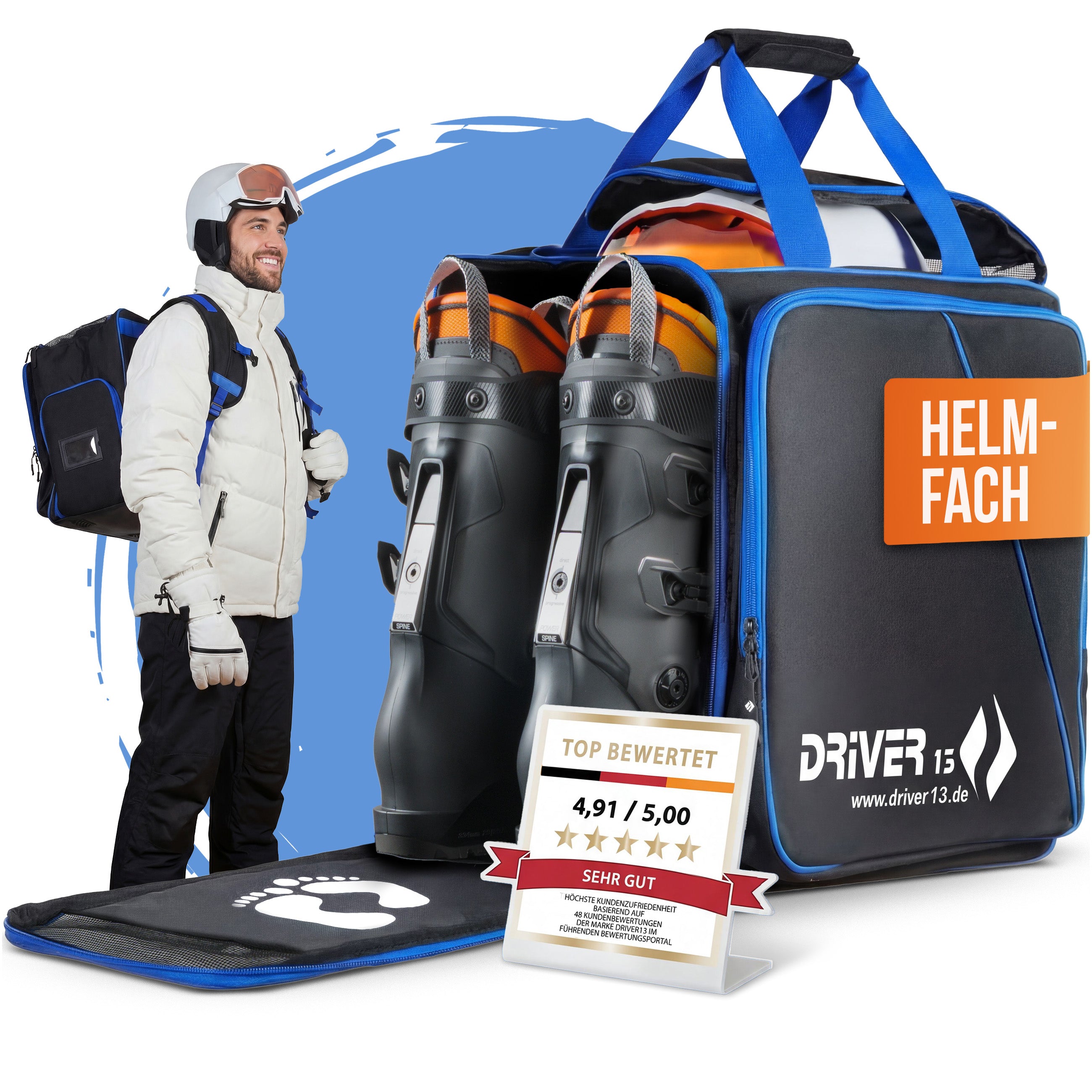 Driver13 ® Ski boot backpack with helmet compartment black-blue