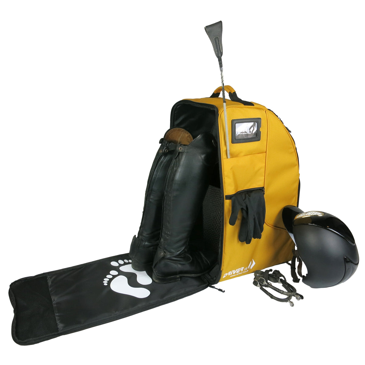 Driver13 Reitstiefelrucksack in Orange-Chill mit Standfläche und Helm