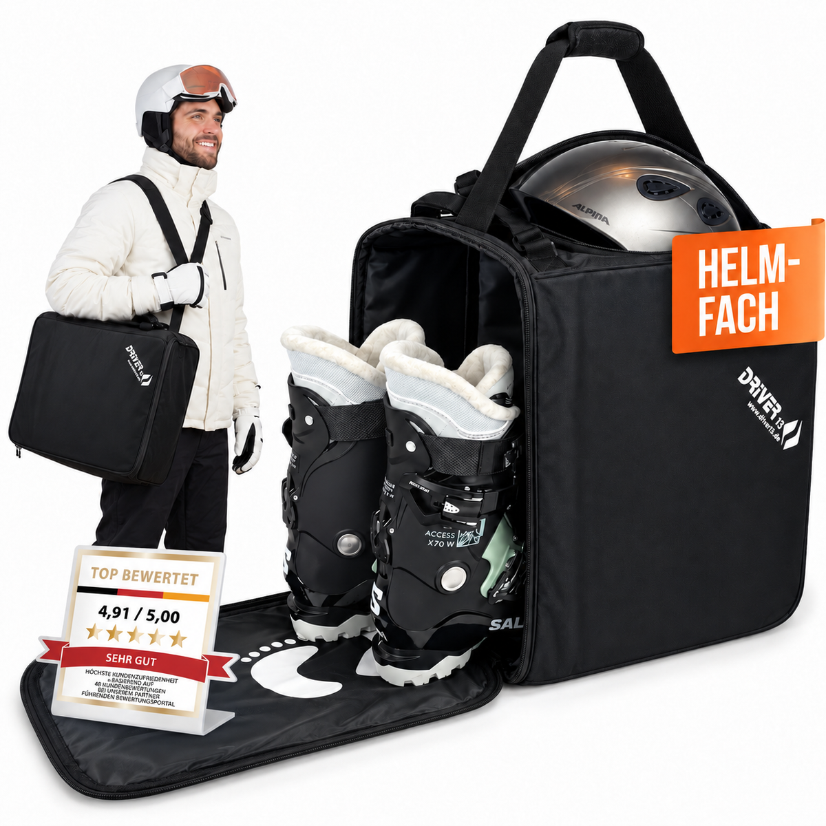Driver13 Skistiefeltasche easy Bootbag mit Helmfach, Skischuh Tasche für Skischuhe und Snowboardboots, schwarz