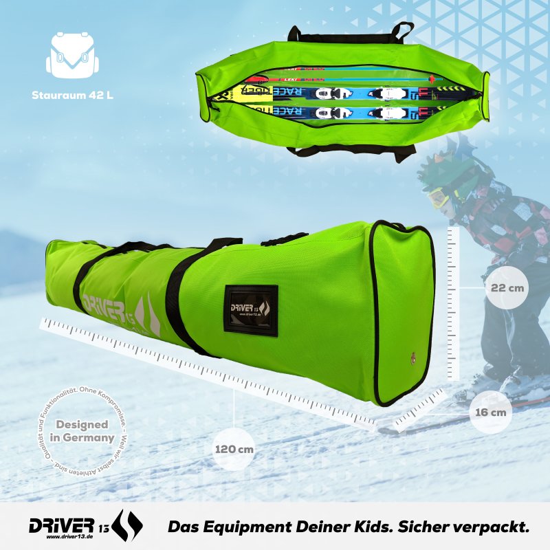 auch Snowblades und Bigfoots grün Driver13 Skitasche 120 cm für Kids 